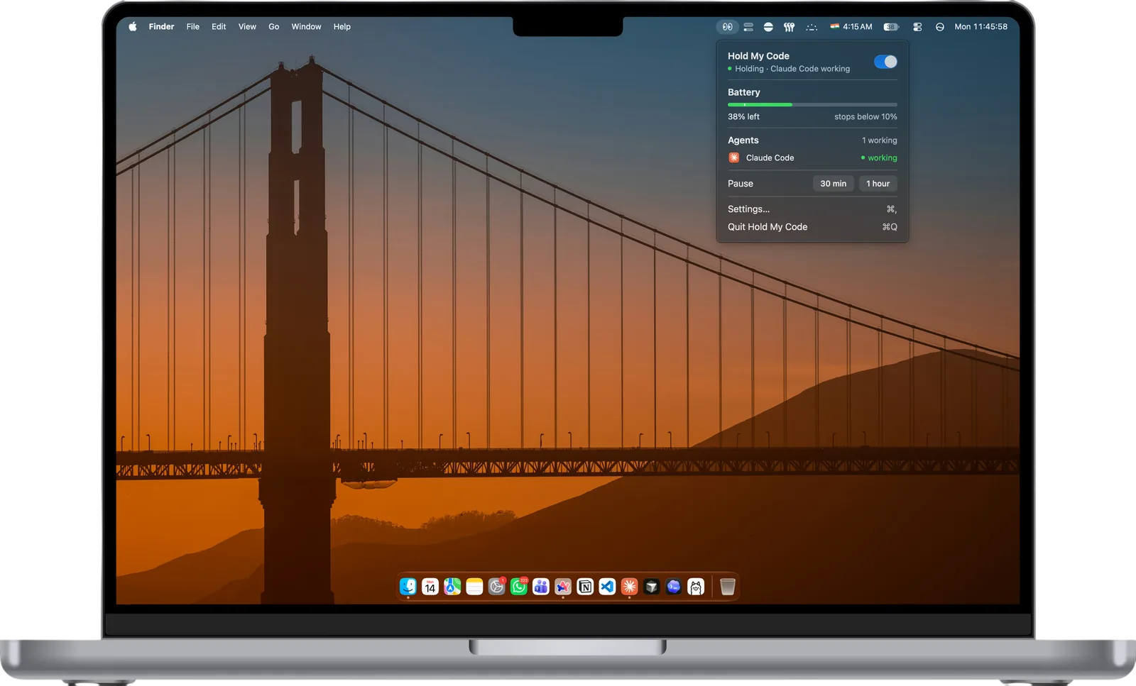 The HoldMyCode menu bar panel open on a MacBook, showing Holding, Claude Code working, battery at 38%, and Claude Code as the watched agent.
